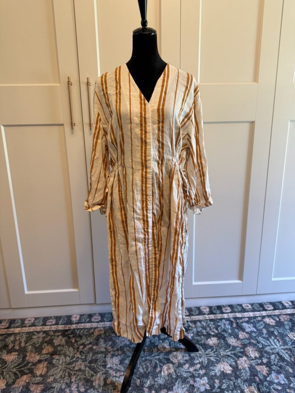 Lightweight V-Neck Striped Maxi Dress in Cream and Brown